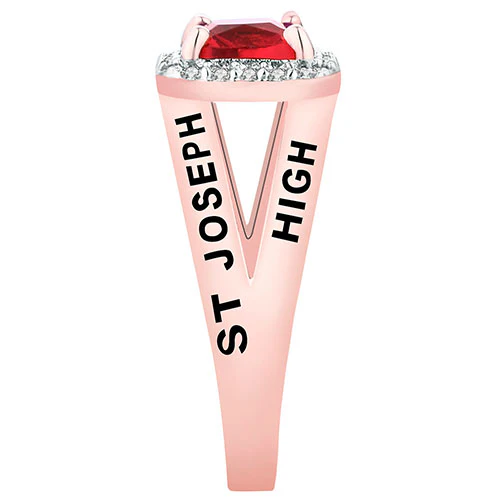 Women's Rose Gold Over Sterling Split Band Square CZ Halo Birthstone Class Ring - Image 3