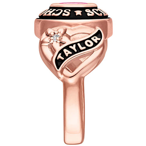 Ladies 14K Rose Gold over Sterling Sweetheart Birthstone Class Ring with Diamond Accents - Image 4
