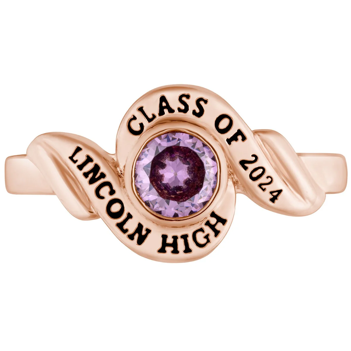 Ladies' 14K Rose Gold over Sterling Swirl Bypass Round Birthstone Class Ring - Image 2