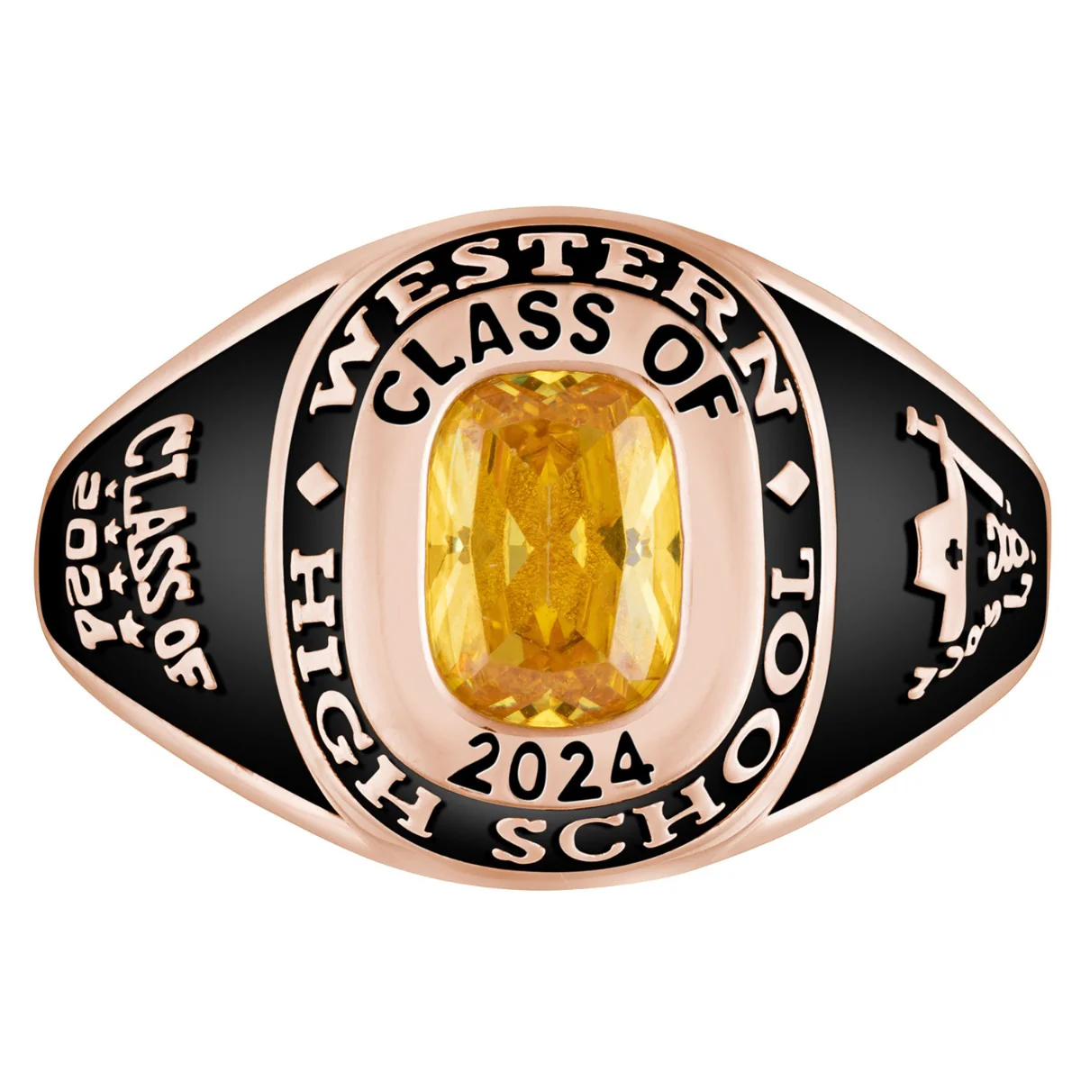 Ladies' 14K Rose Gold over Sterling Traditional Cushion Birthstone Class Ring - Image 2