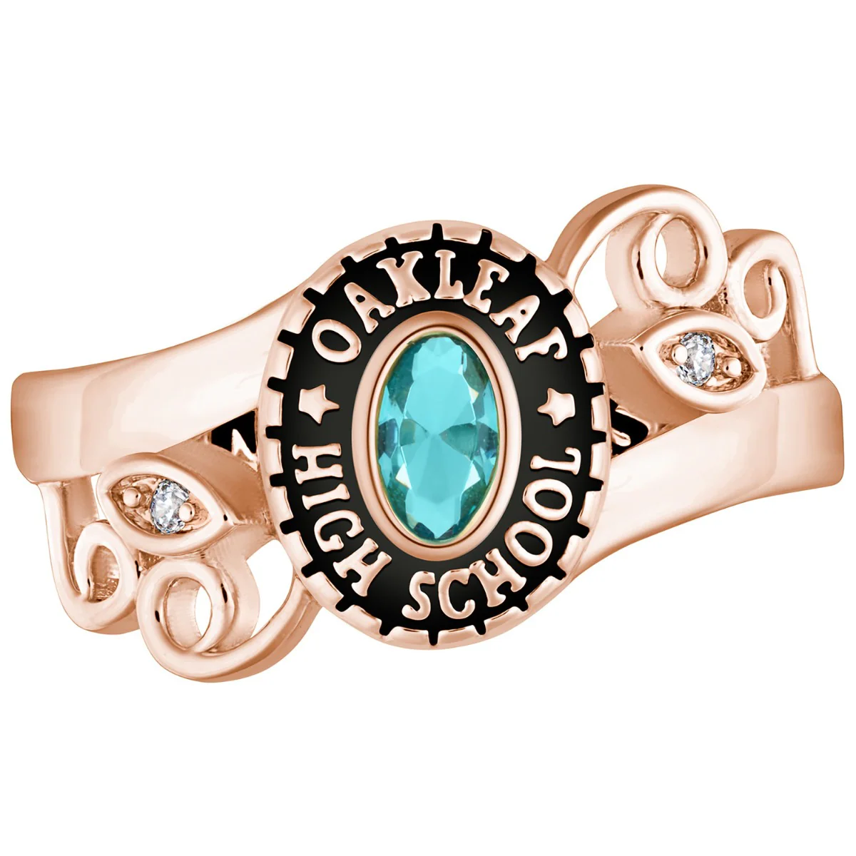 Ladies 14K Rose Gold over Sterling Traditional Oval Birthstone and Diamond Swirl Class Ring - Image 2