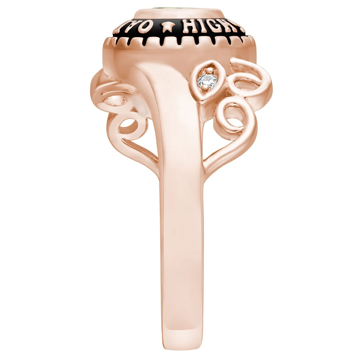 Ladies 14K Rose Gold over Sterling Traditional Oval Birthstone and Diamond Swirl Class Ring - Image 3