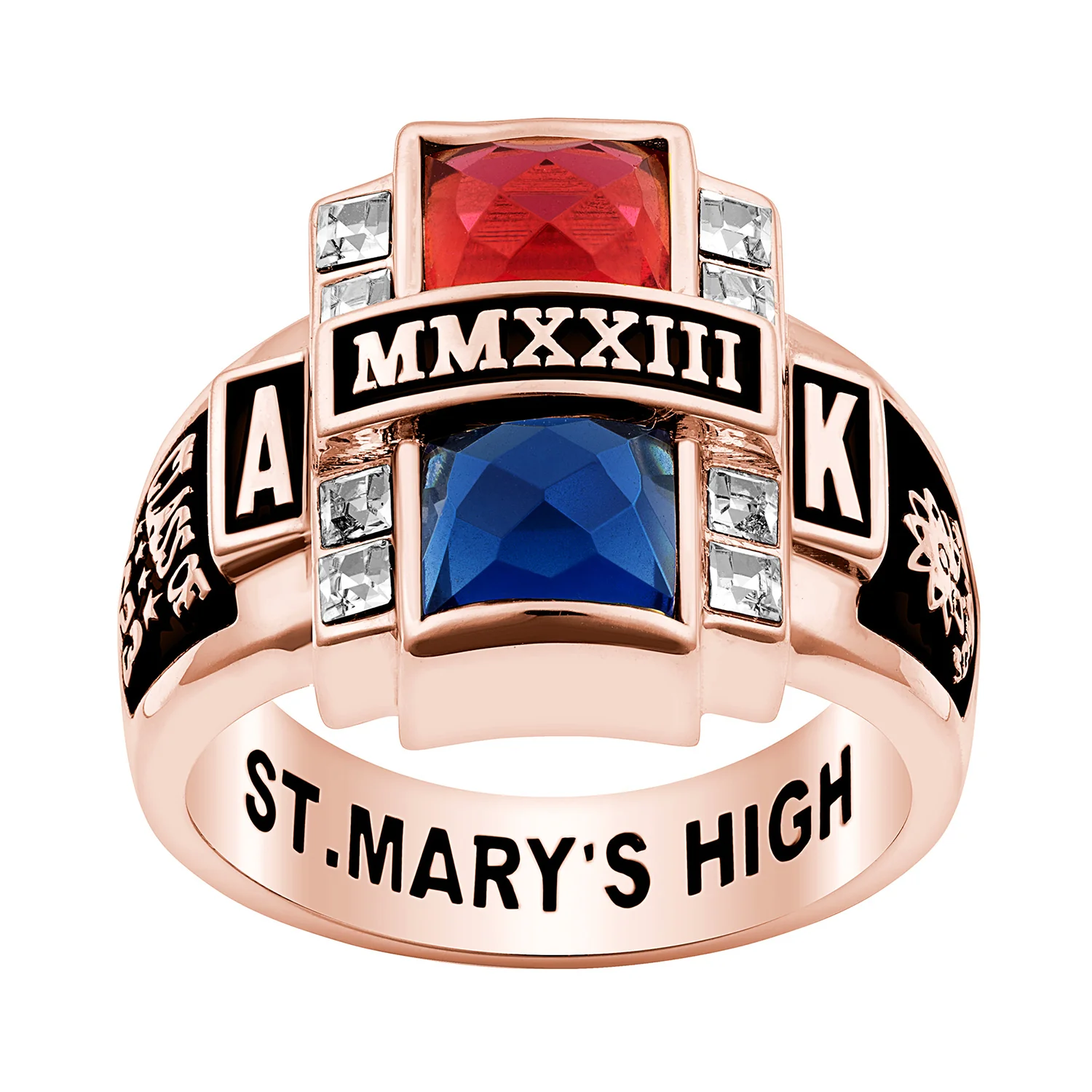 Ladies' 14K Rose Gold over Sterling Double Birthstone & CZ Rectangle Class Ring