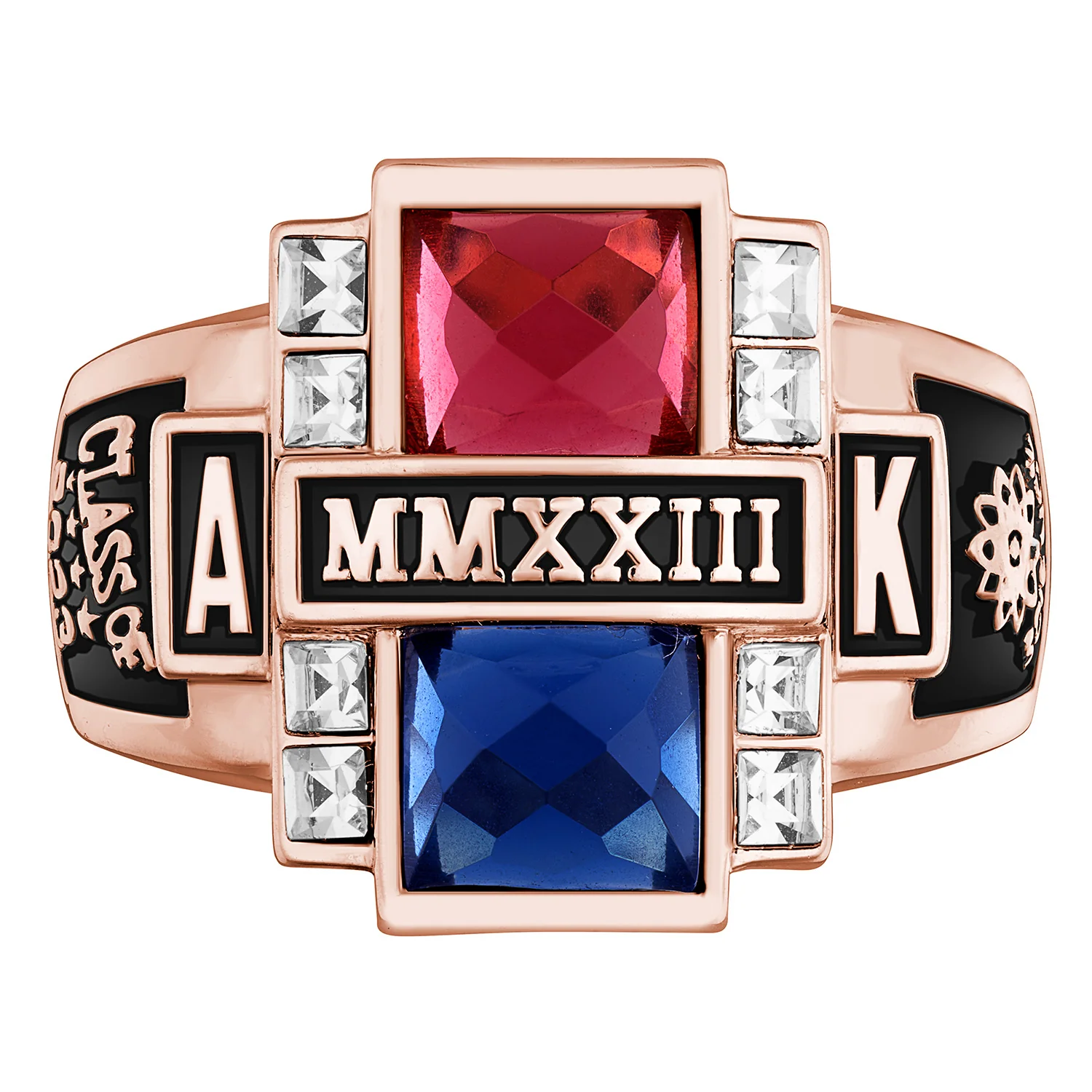 Ladies' 14K Rose Gold over Sterling Double Birthstone & CZ Rectangle Class Ring - Image 2