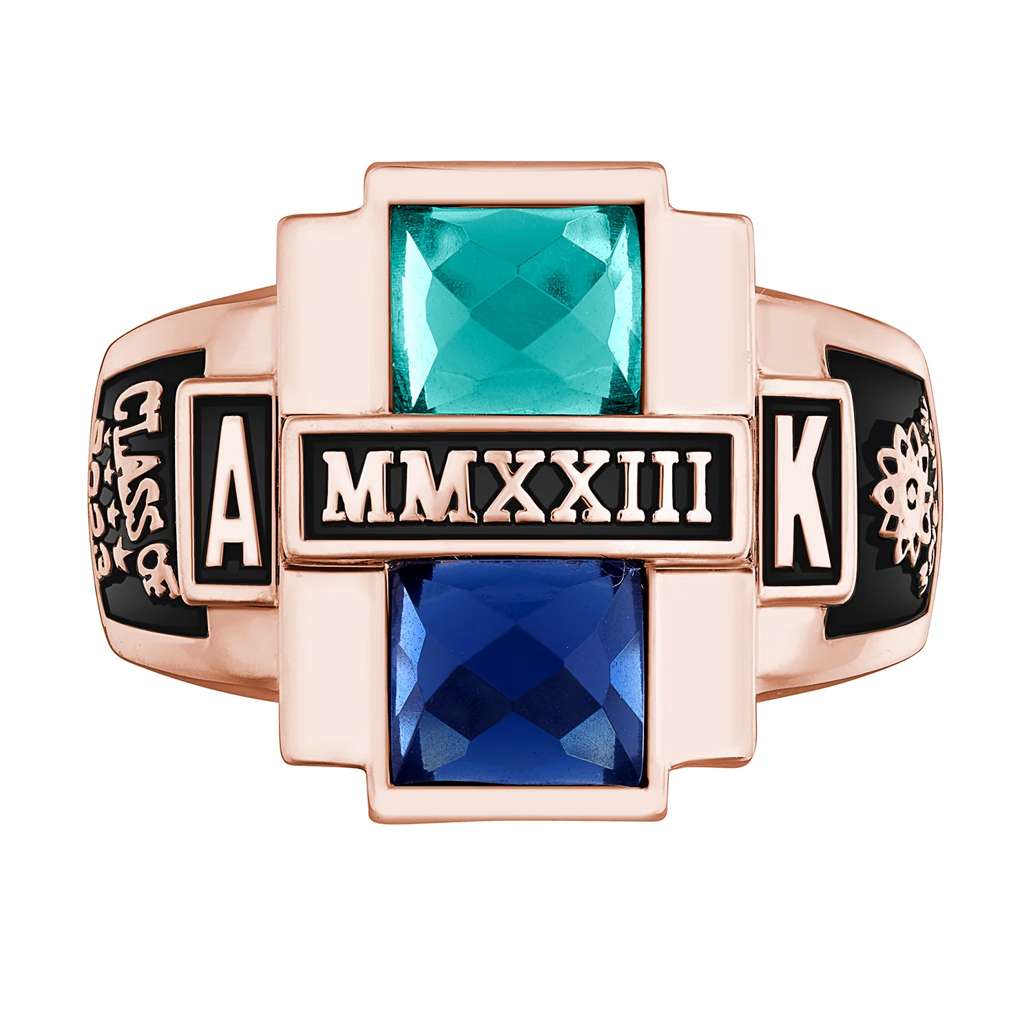 Ladies' 14K Rose Gold over Sterling Double Birthstone Rectangle Class Ring - Image 2