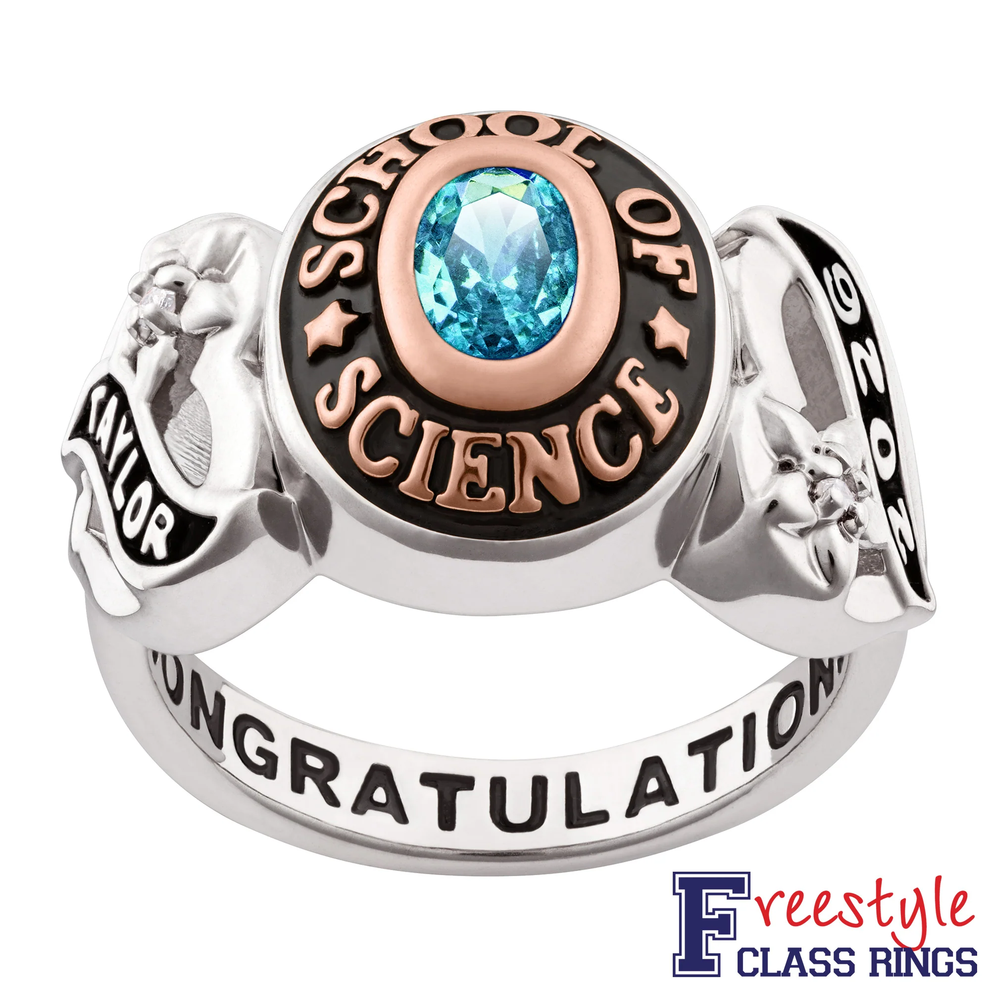 Ladies' Silver Celebrium and Rose Gold Sweetheart Birthstone Class Ring