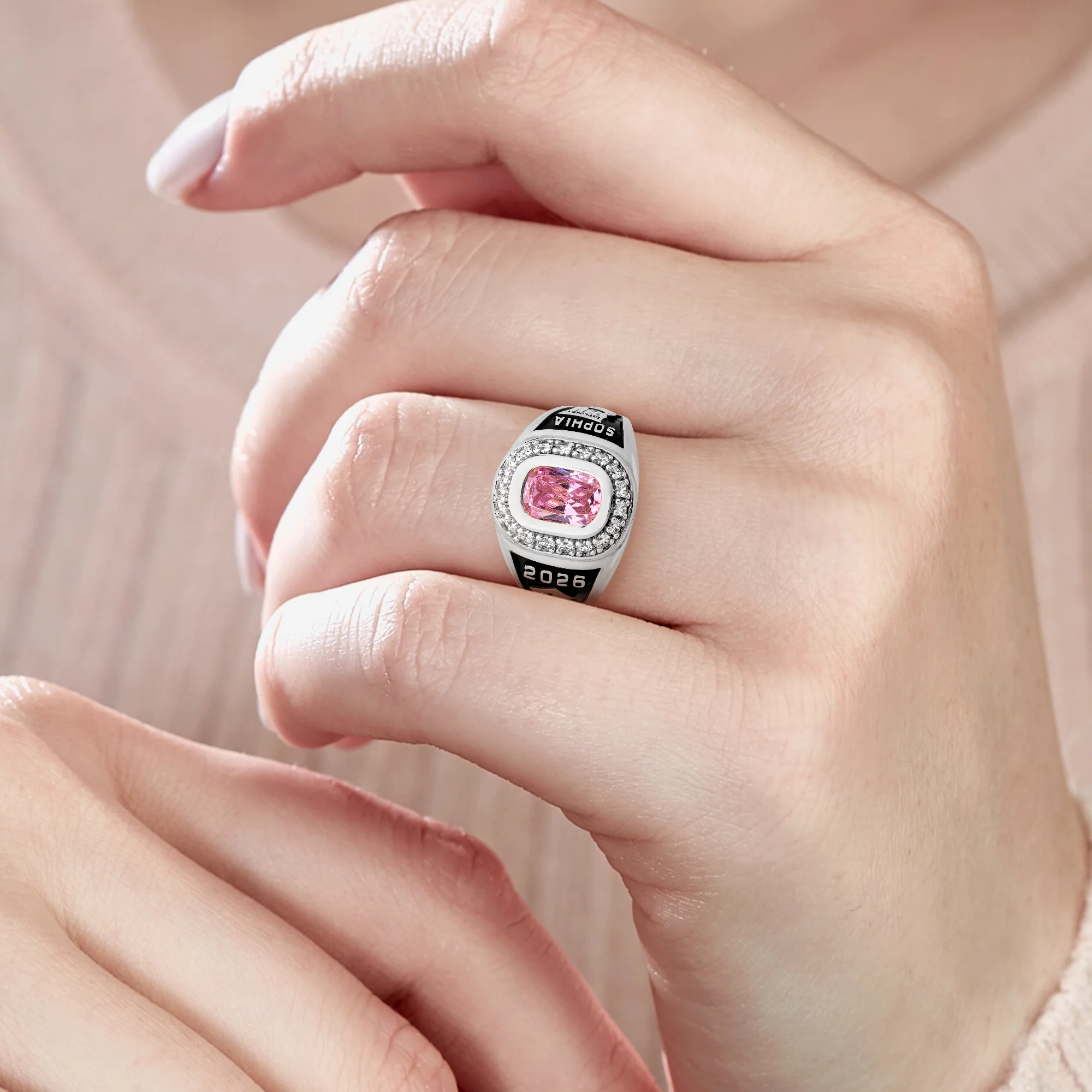 Ladies' Silver Plated CZ Encrusted Traditional Personalized Class Ring - Image 5