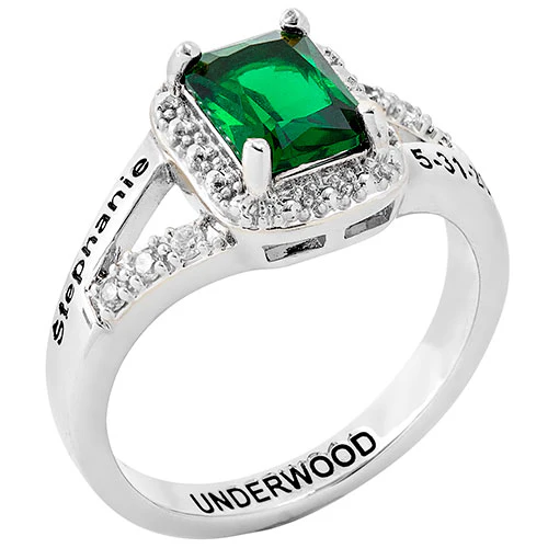Ladies' Silver Plated Emerald Cut Birthstone with CZ Class Ring - Image 2