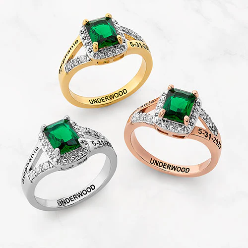 Ladies' Silver Plated Emerald Cut Birthstone with CZ Class Ring - Image 5