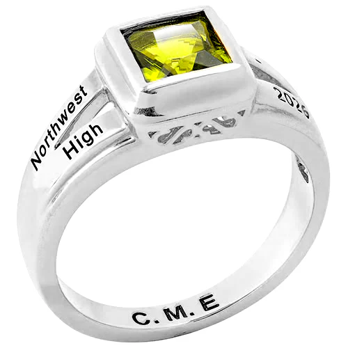 Ladies' Silver Plated Princess Cut Birthstone Freestyle Class Ring - Image 2