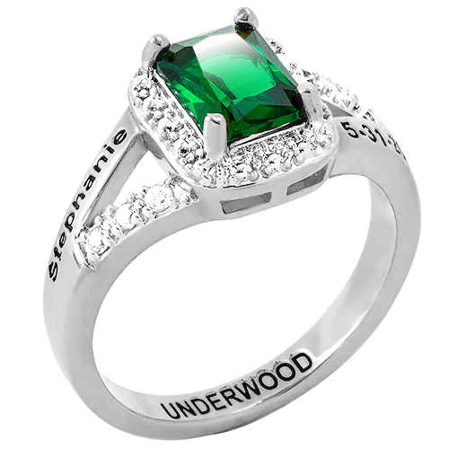 Ladies' Sterling Silver Emerald Cut Birthstone with CZ Freestyle Class Ring - Image 2