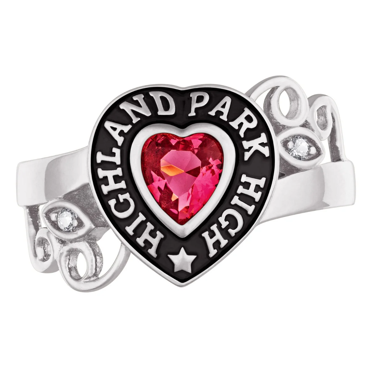 Ladies' Sterling Silver Heart Stone and CZ Swirl Class Ring - Image 2