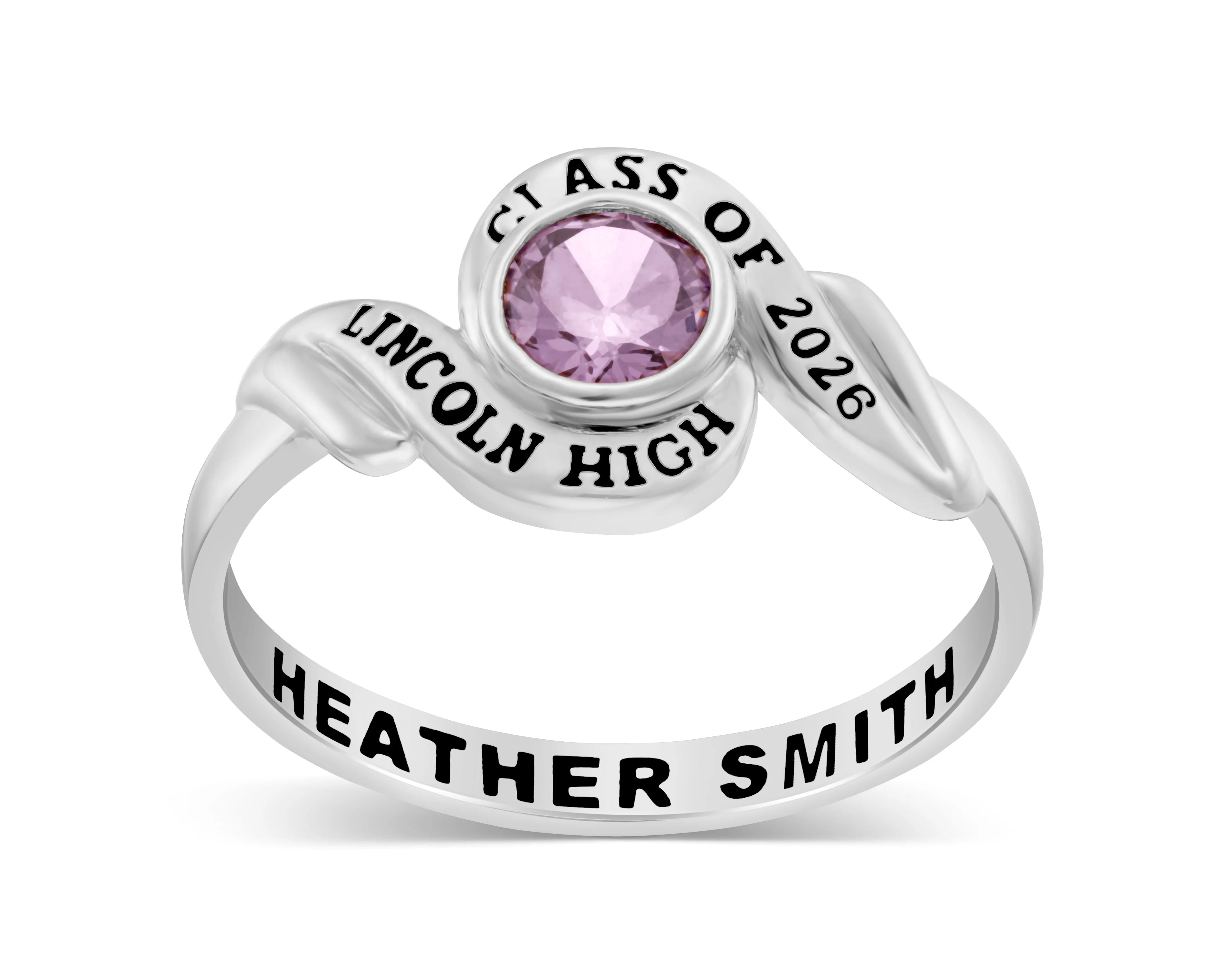 Ladies' Sterling Silver Swirl Bypass Round Birthstone Class Ring