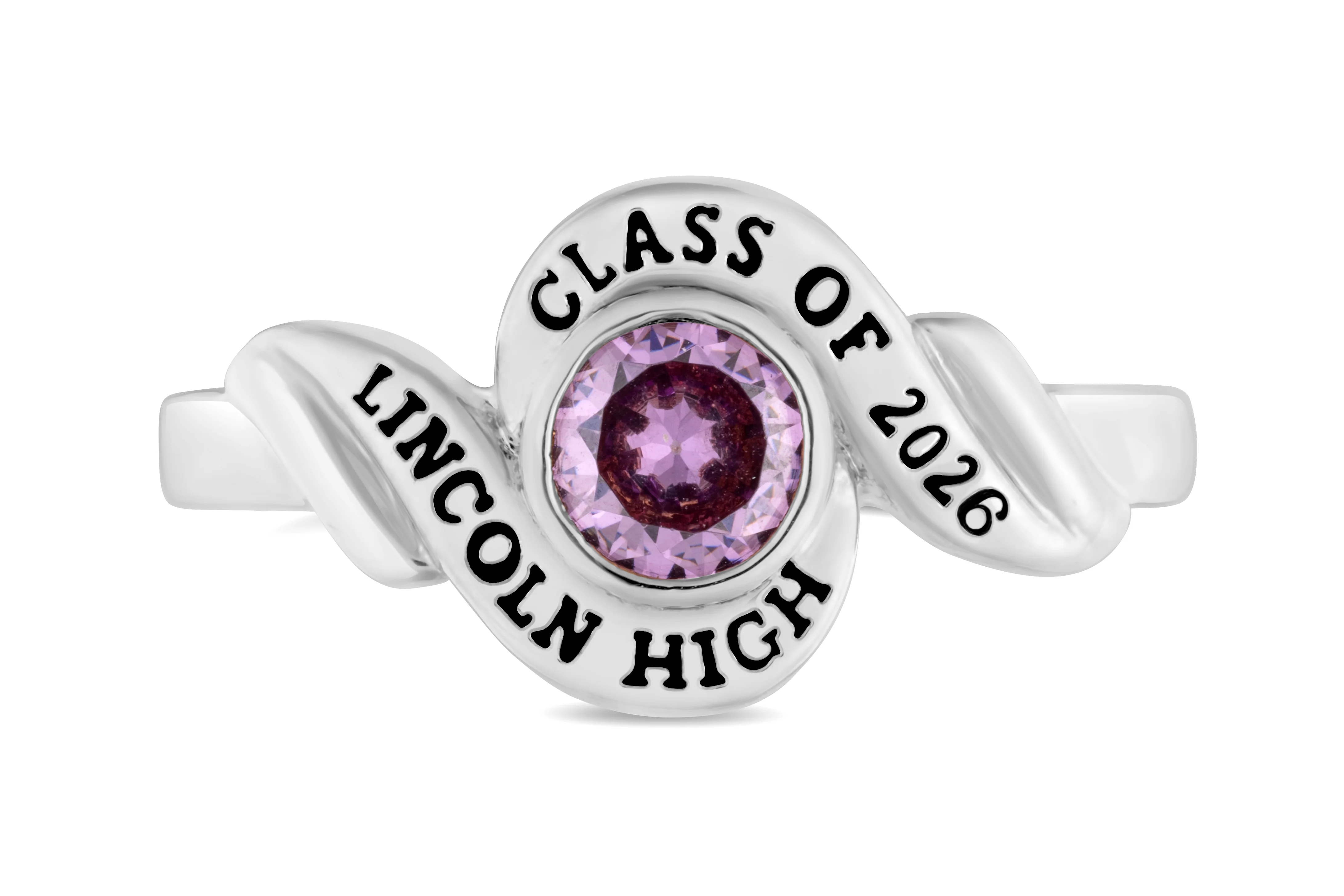 Ladies' Sterling Silver Swirl Bypass Round Birthstone Class Ring - Image 2