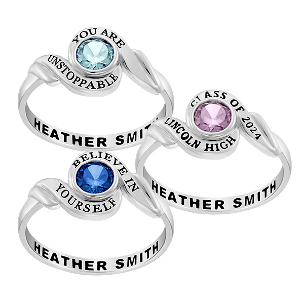 Ladies' Sterling Silver Swirl Bypass Round Birthstone Class Ring - Image 3