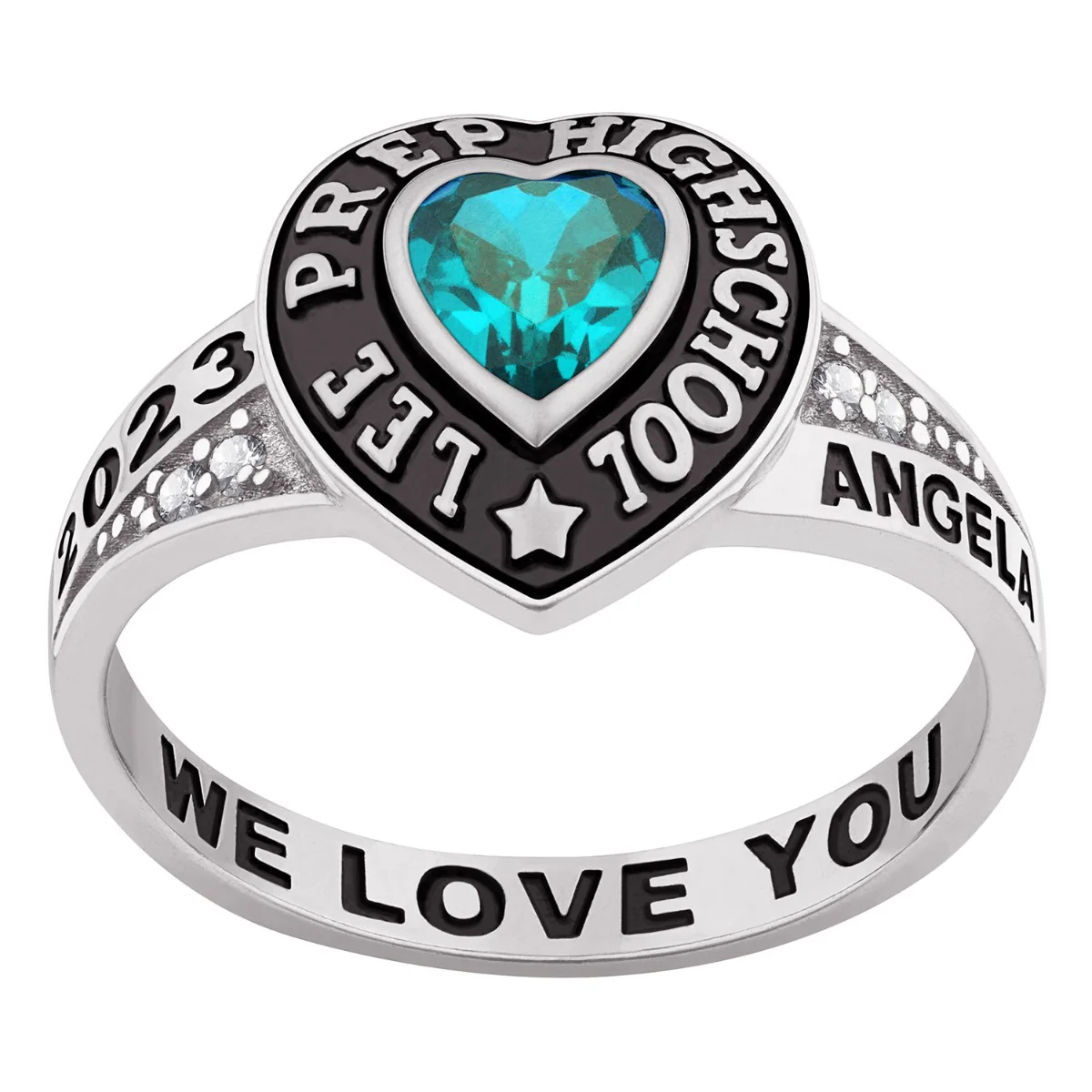 Ladies' Sterling Silver Traditional Heart Birthstone with CZ Accents Class Ring