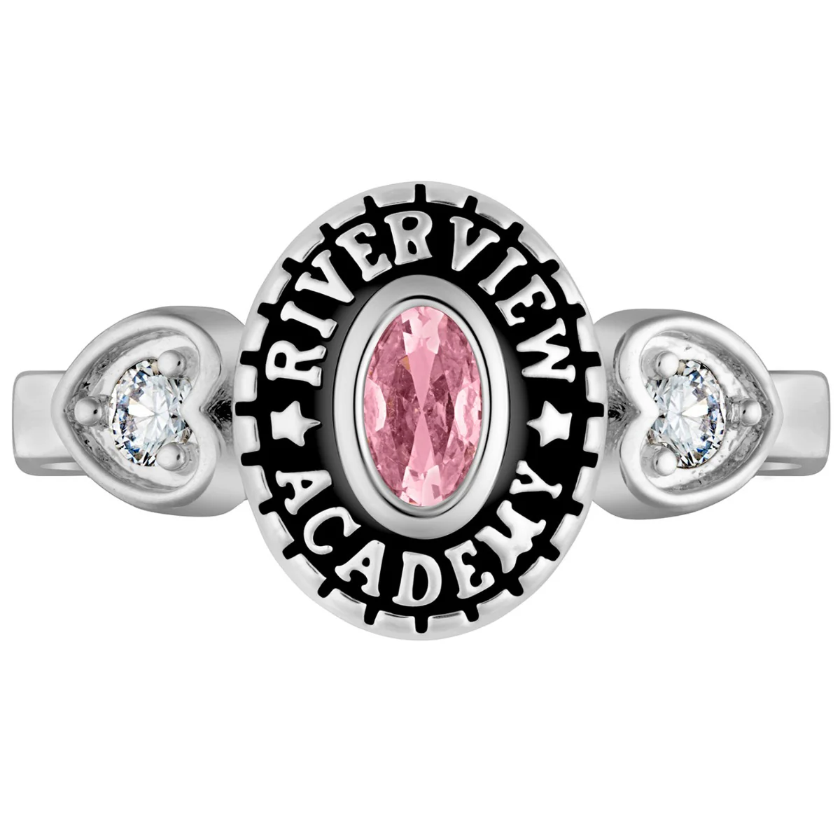 Ladies Sterling Silver Traditional Oval Stone & CZ Heart Class Ring - Image 2