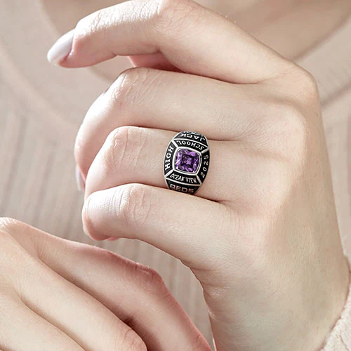 Ladies' Sterling Silver Traditional Square Birthstone Class Ring - Image 6