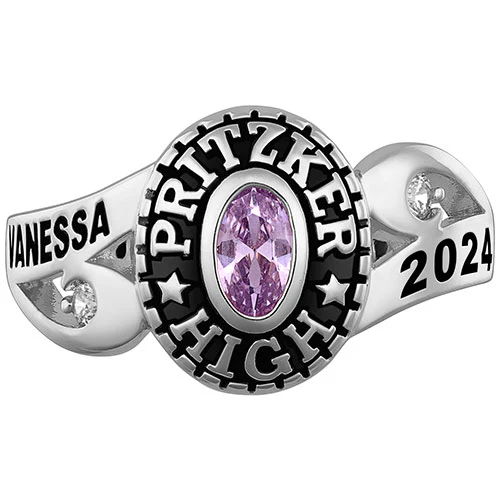 Ladies' Sterling Silver Cubic CZ Scroll Bypass Birthstone Class Ring - Image 3