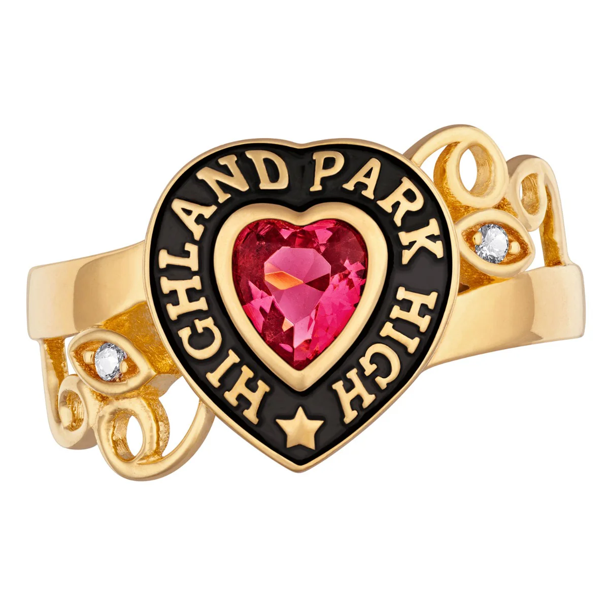 Ladies' Yellow Celebrium Heart Stone and CZ Swirl Class Ring - Image 2