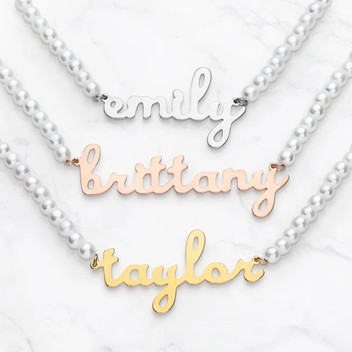 Lowercase Script Name Glass Pearl Necklace