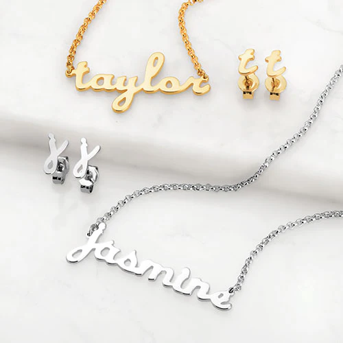 Lowercase Script Name Necklace and Initial Earring Set