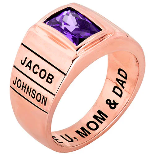 Men's 14K Rose Gold over Sterling Checkerboard Birthstone Freestyle Class Ring - Image 3