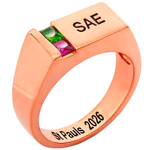 Men's 14K Rose Gold over Sterling Engraved Square Stone Signet Freestyle Class Ring - Image 3