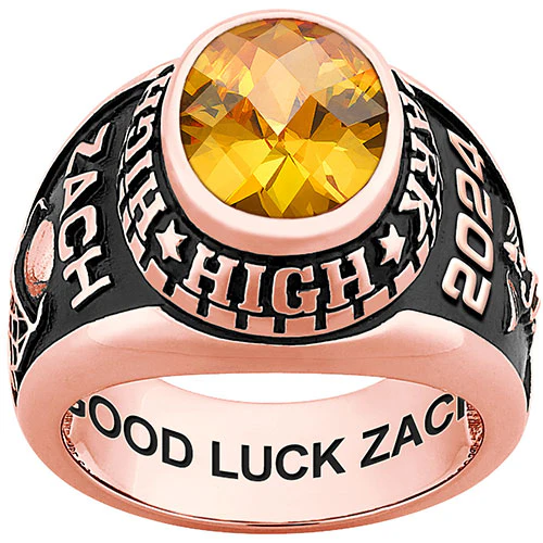 Men's Rose Gold CELEBRIUM Traditional Oval Checkerboard Birthstone Class Ring - Image 2