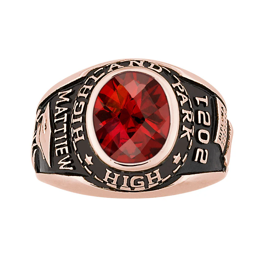Men's 14K Rose Gold over Sterling Traditional Oval Checkerboard Birthstone Class Ring - Image 2