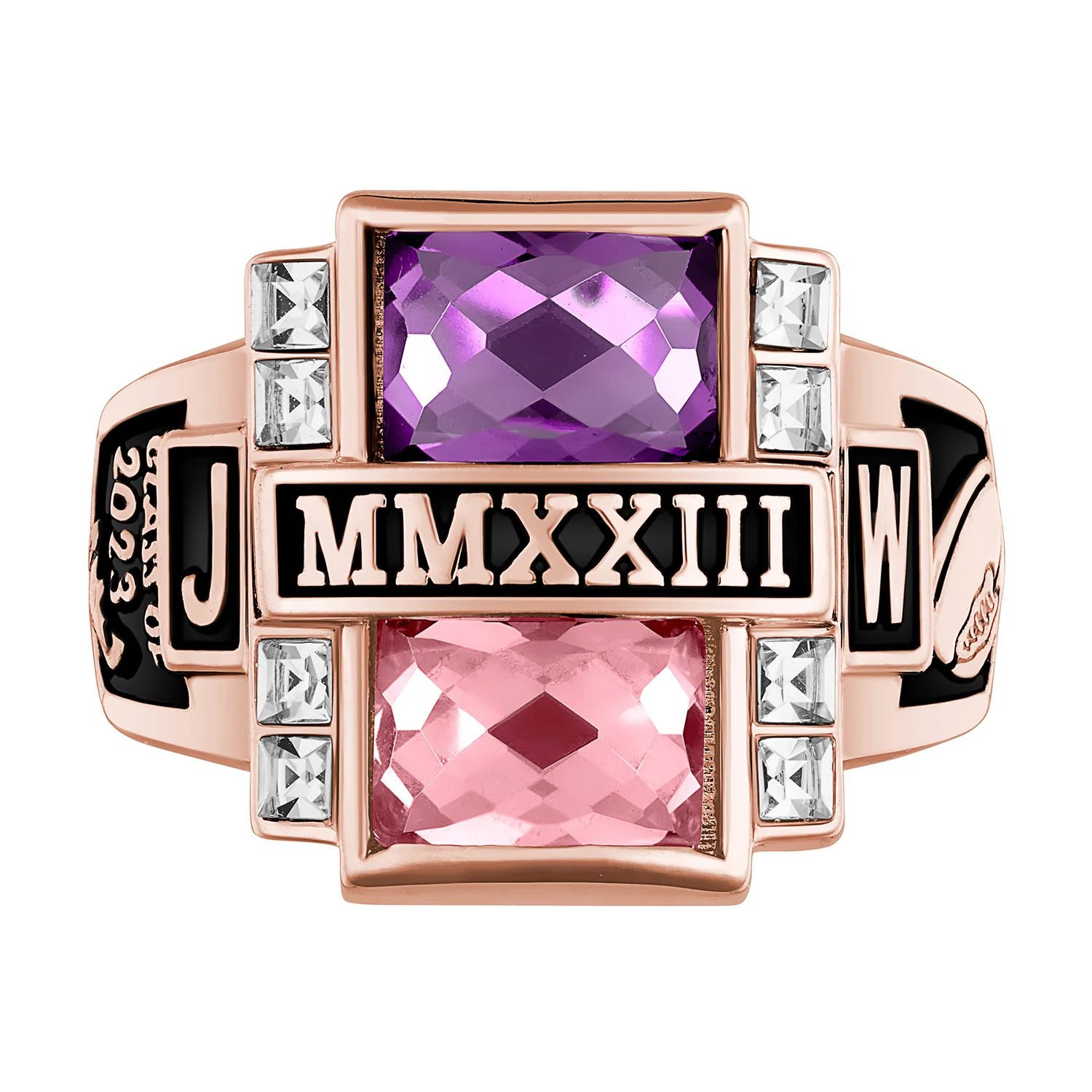 Men's 14K Rose Gold over Sterling Double Birthstone & CZ Rectangle Class Ring - Image 2