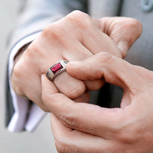 Men's Silver Checkerboard Birthstone Freestyle Class Ring - Image 2