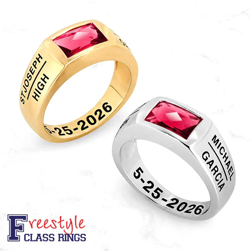 Men's Silver Checkerboard Birthstone Freestyle Class Ring - Image 4