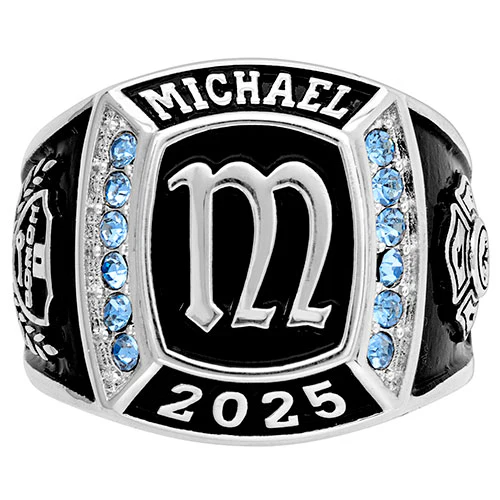 Men's Sterling Silver Initial Top Traditional Birthstone Square Class Ring - Image 2