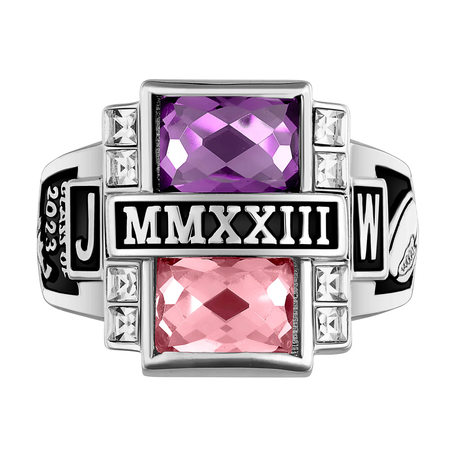 Men's Sterling Silver Double Birthstone & CZ Rectangle Class Ring - Image 2