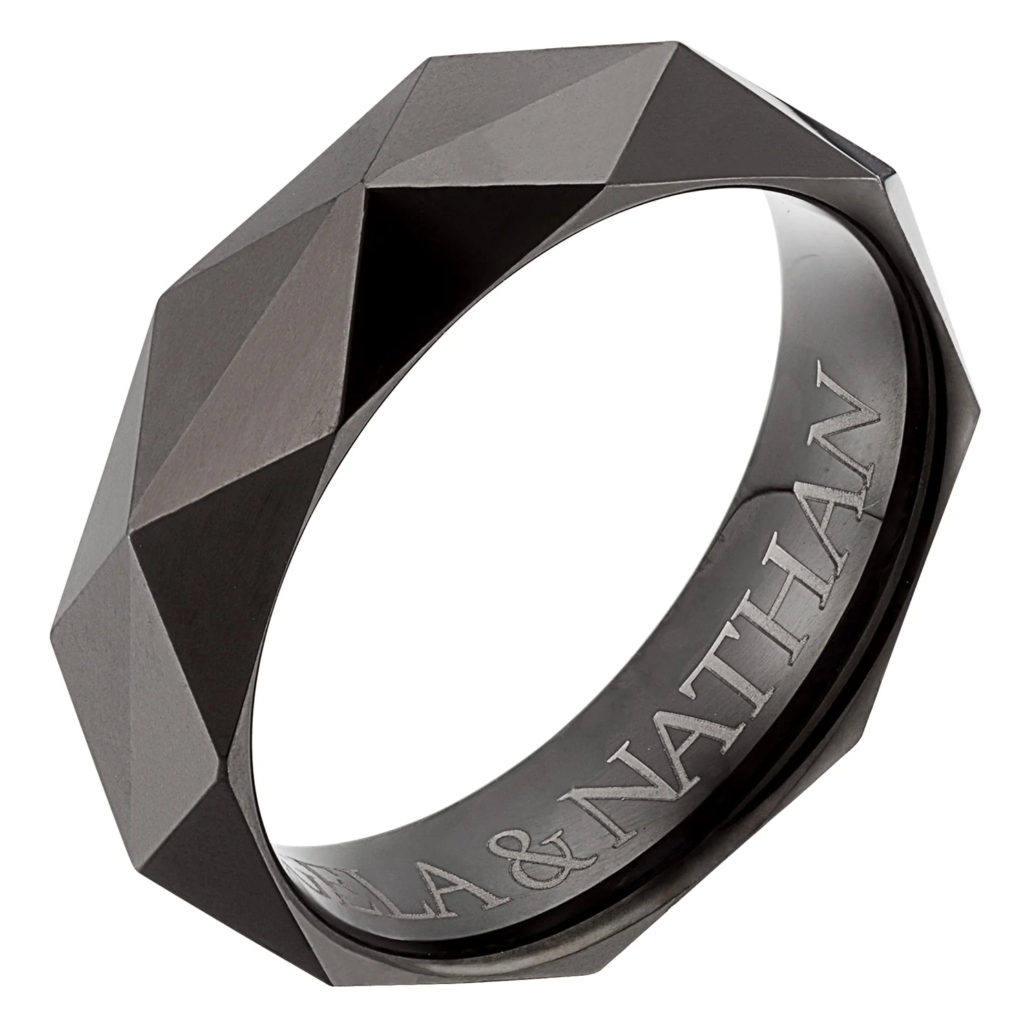 Men's Tungsten Black Faceted Engraved Band - Image 2
