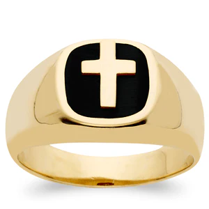 Men's 14K Gold over Sterling Genuine Black Onyx Cross Ring - Image 2