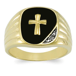 Men's 18K Gold over Sterling Genuine Black Onyx & Diamond Cross Ring - Image 2