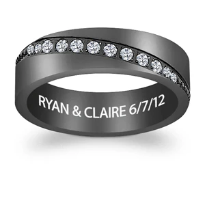 Men's Black Titanium Diagonal CZ Engraved Message Band