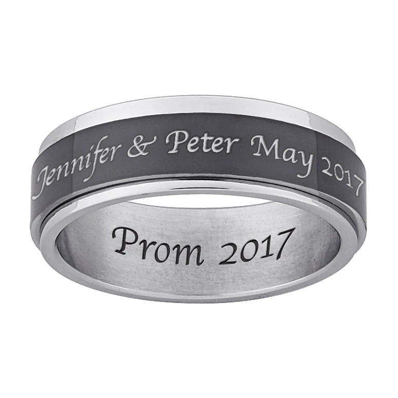 Men's Black & White Stainless Steel Outside/Inside Engraved Spinner Band