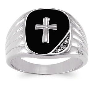 Men's Sterling Silver Genuine Black Onyx & Diamond Cross Ring - Image 2