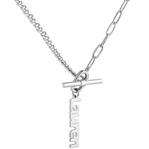 Mixed Chain Vertical Name Toggle Necklace - Image 2