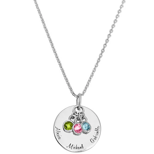 Mother's Engraved Disc with Birthstones Cluster Necklace - Image 2