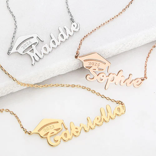 Name Plaque with Graduation Cap Necklace