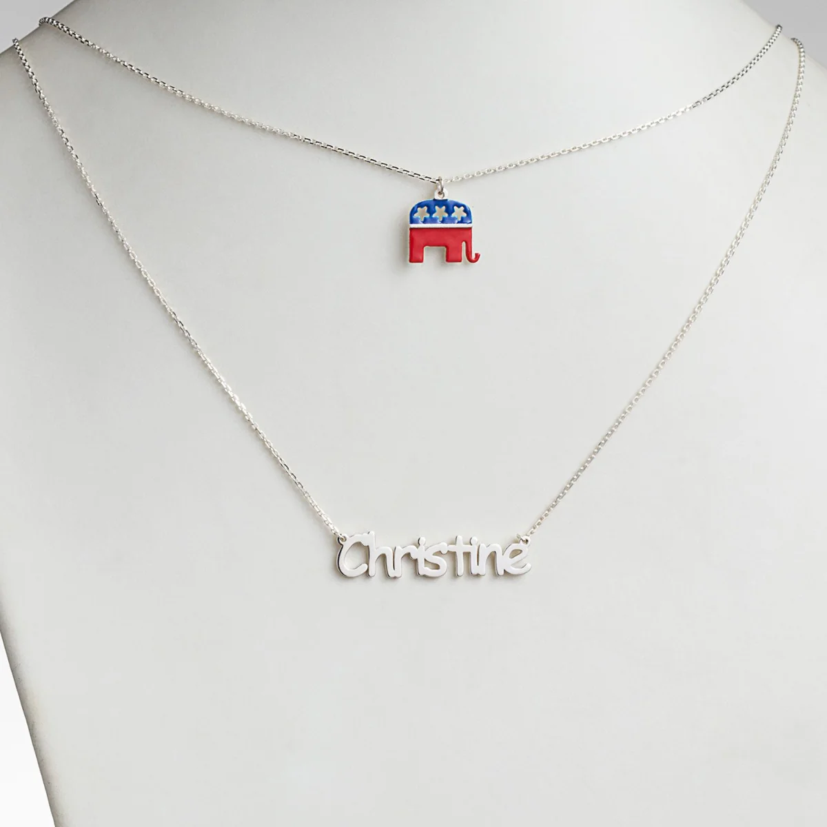 Patriotic Name with Enamel Elephant Charm Layered Double Necklace - Image 2