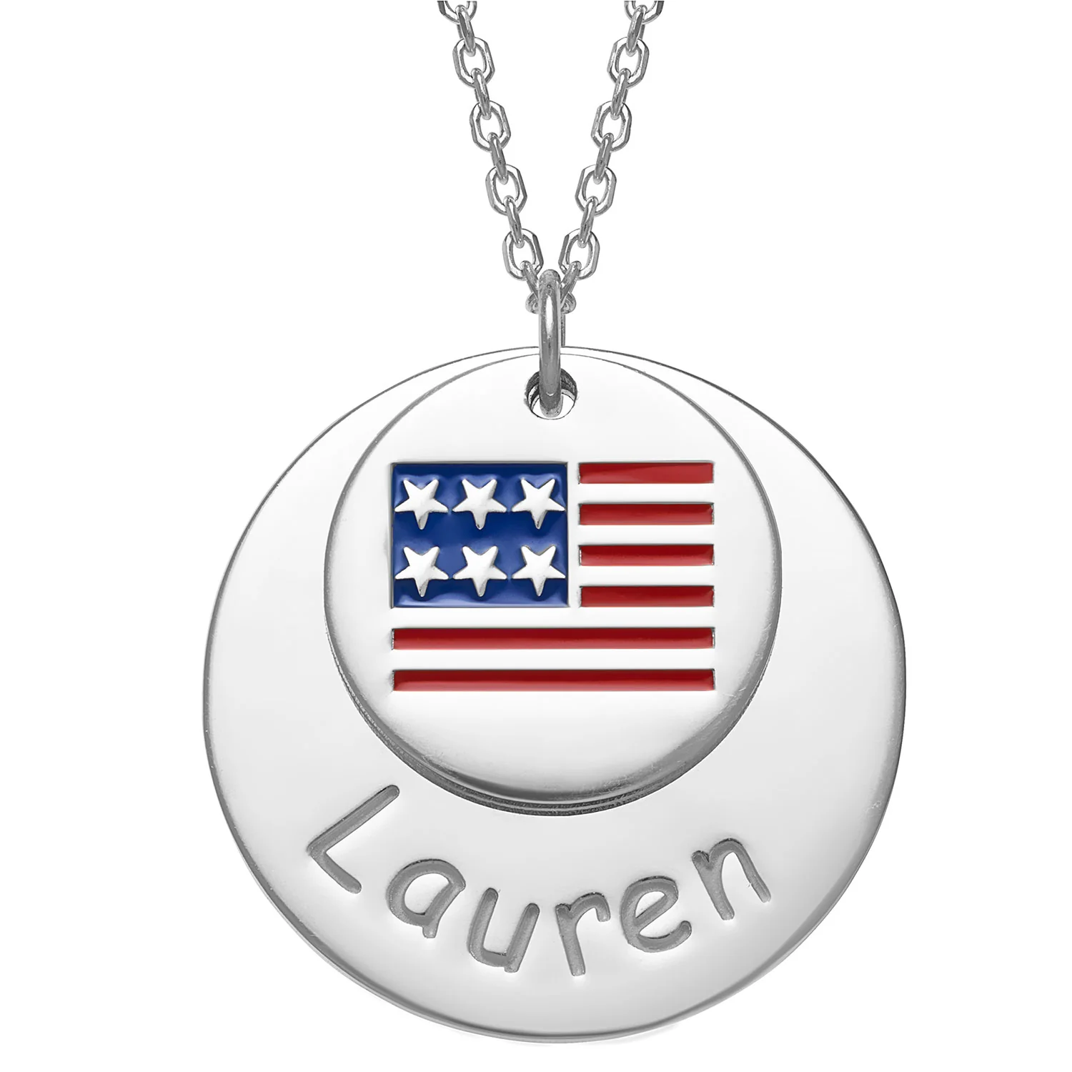 Patriotic Name with Enamel Flag Double Disc Necklace
