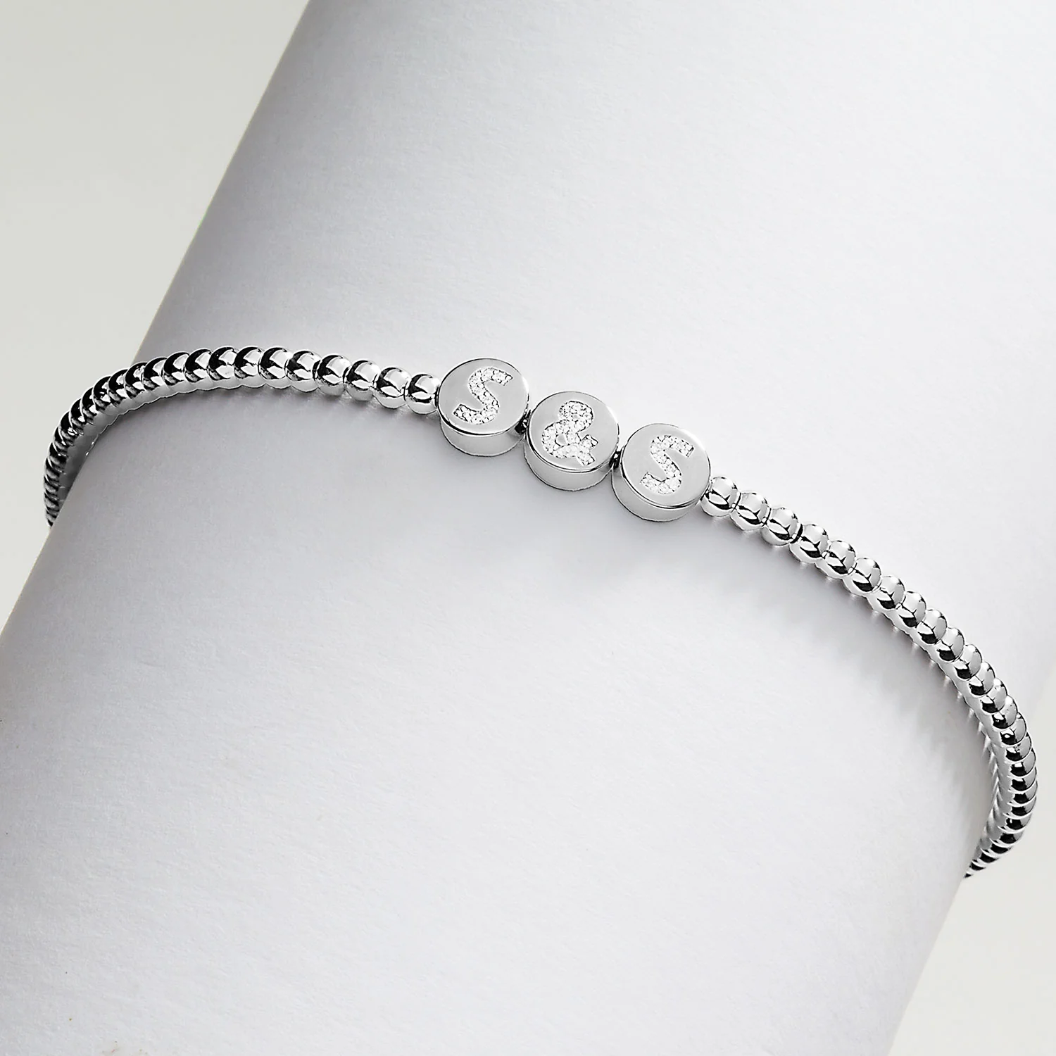 Pave CZ Initials Slider Charm Pave Initials Station Beaded Bracelet - Image 3