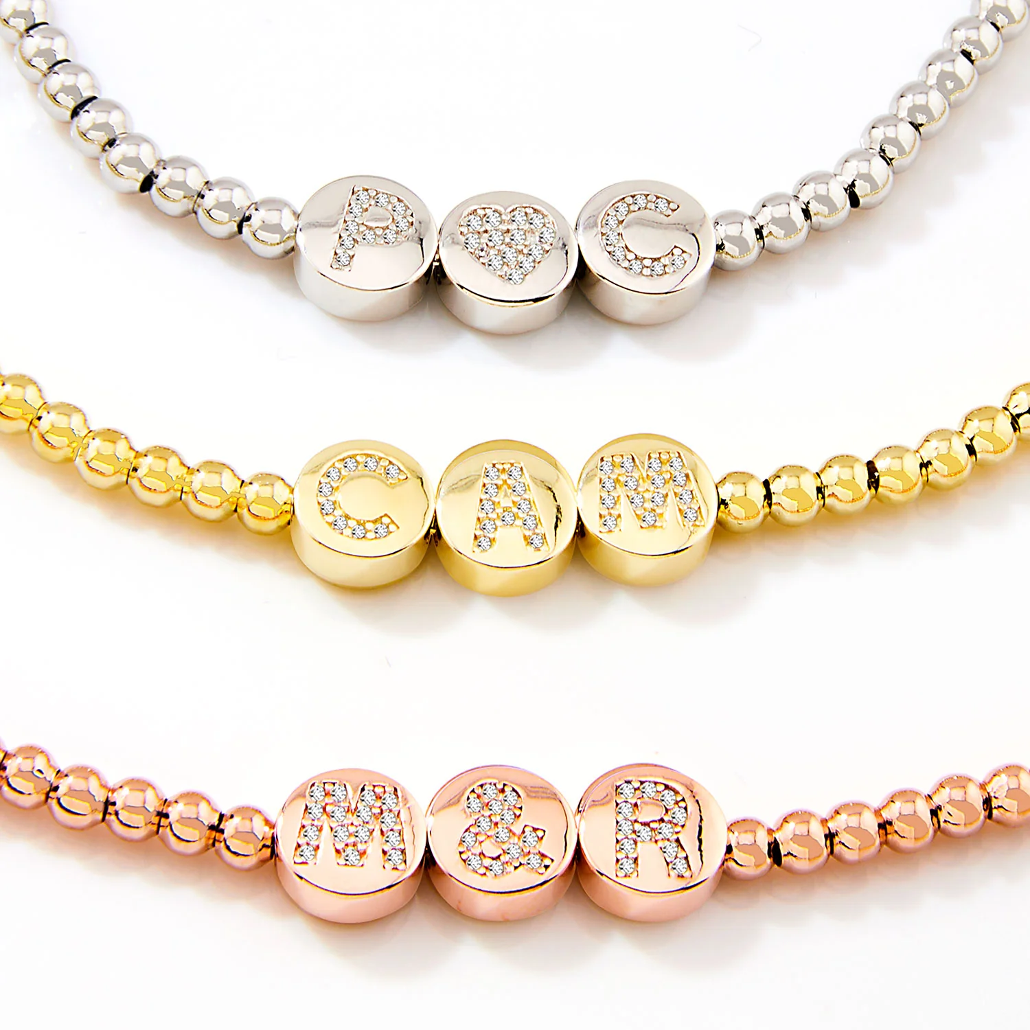 Pave CZ Initials Slider Charm Pave Initials Station Beaded Necklace