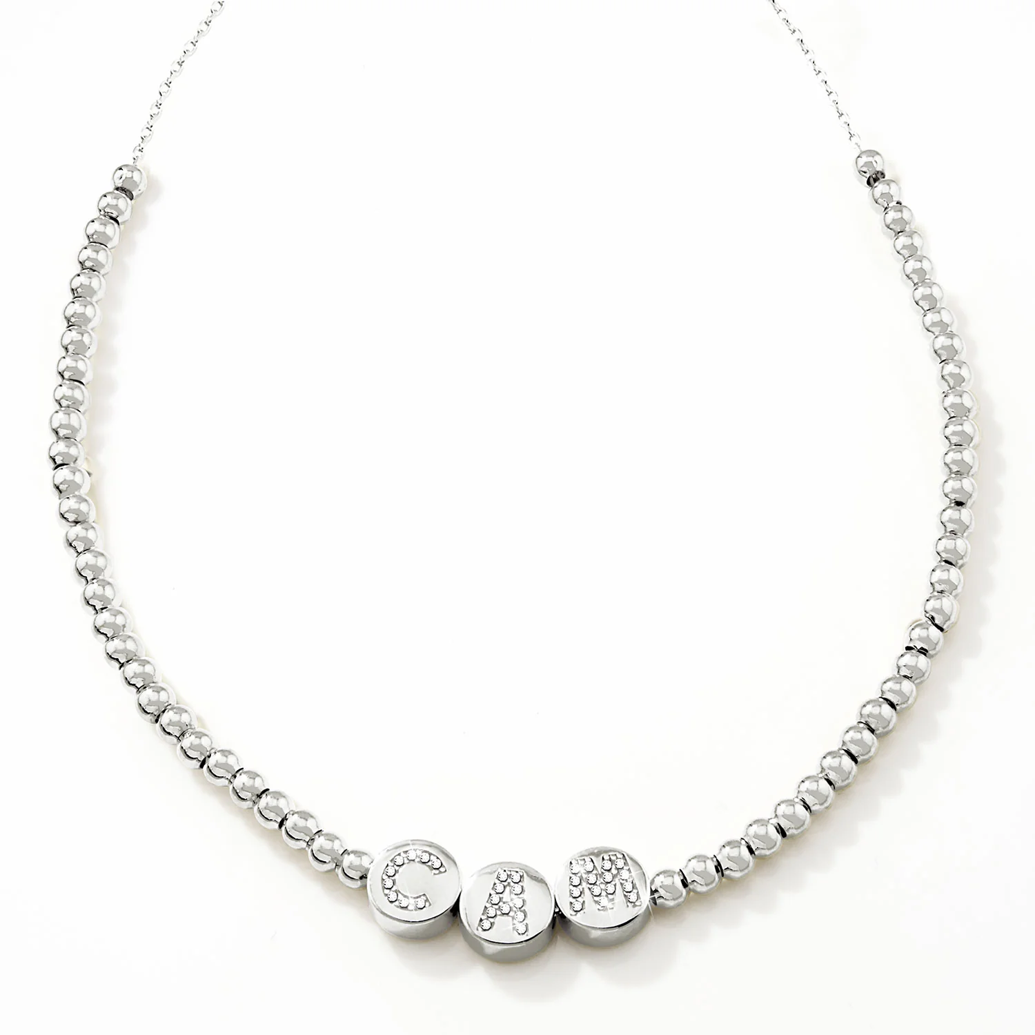 Pave CZ Initials Slider Charm Pave Initials Station Beaded Necklace - Image 2