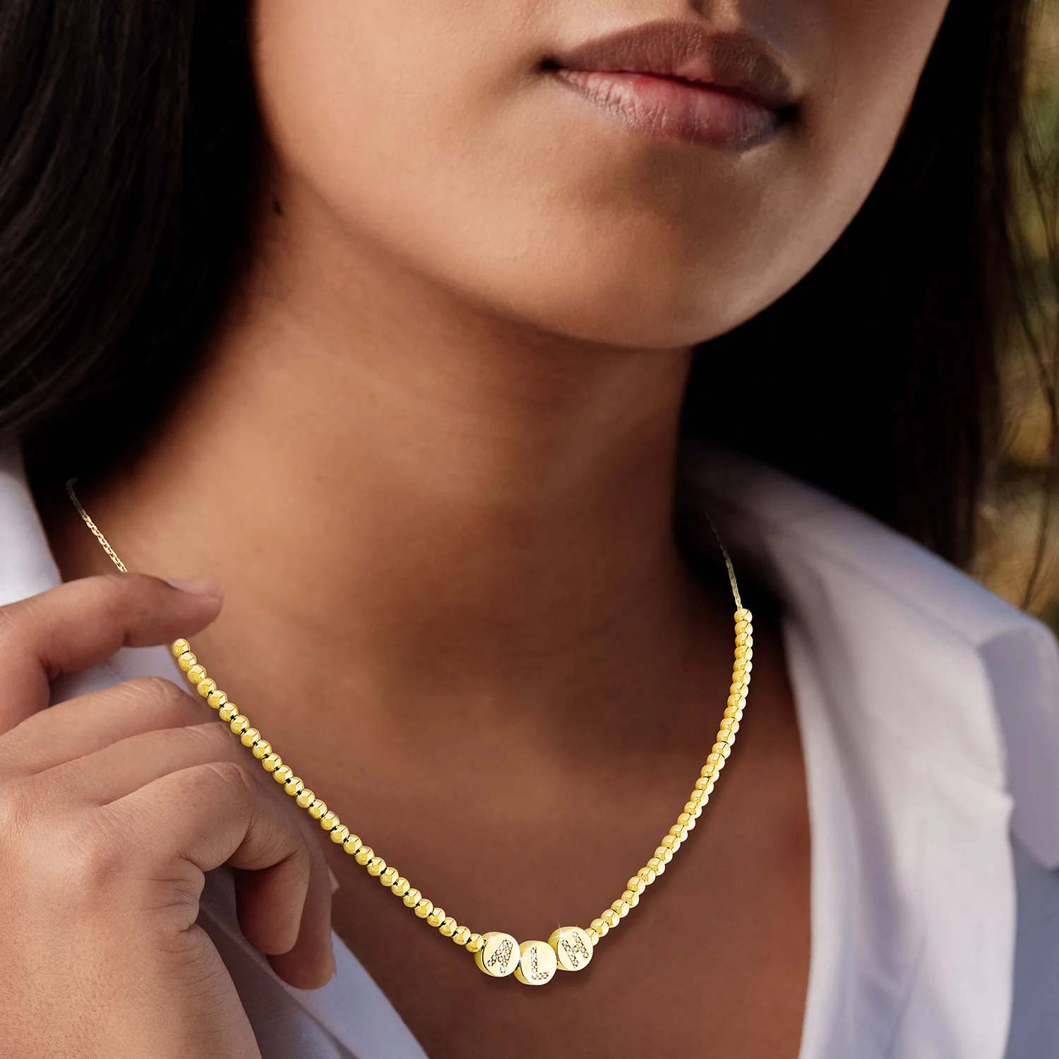 Pave CZ Initials Slider Charm Pave Initials Station Beaded Necklace - Image 3